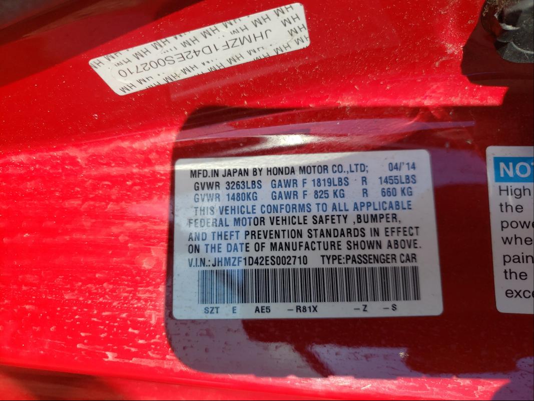 2014 HONDA CR-Z JHMZF1D42ES002710