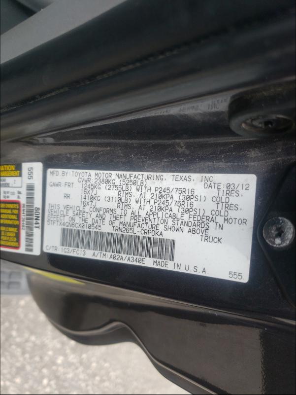 2012 TOYOTA TACOMA PRE 5TFTX4GN6CX010545