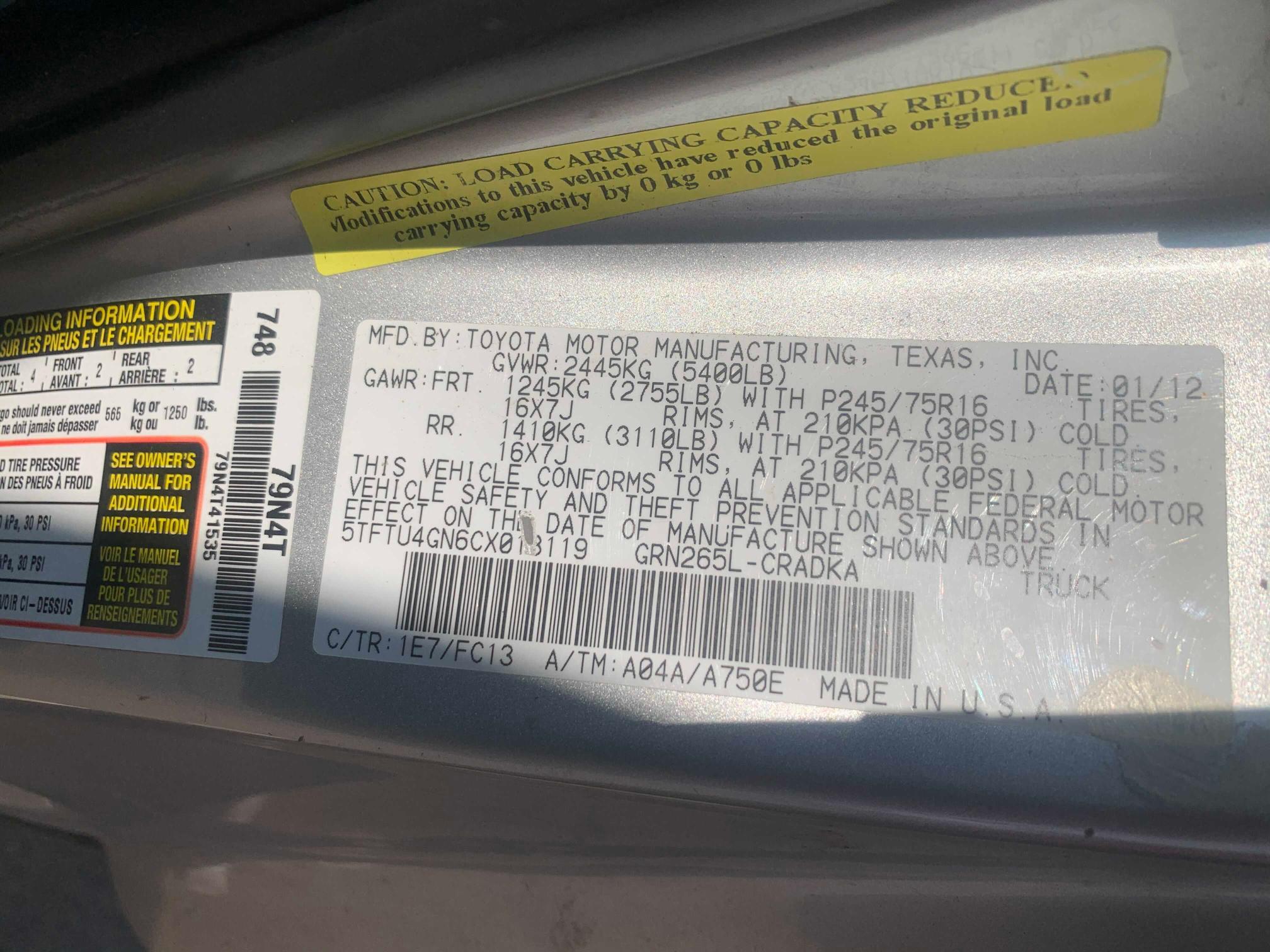 2012 TOYOTA TACOMA PRE 5TFTU4GN6CX018119