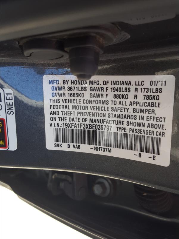 2011 HONDA CIVIC VP 19XFA1F3XBE035797