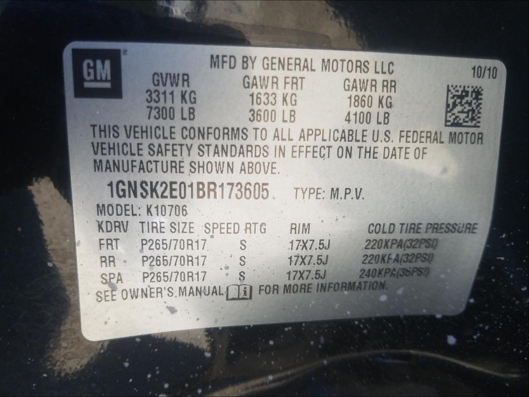 2011 CHEVROLET TAHOE SPEC 1GNSK2E01BR173605