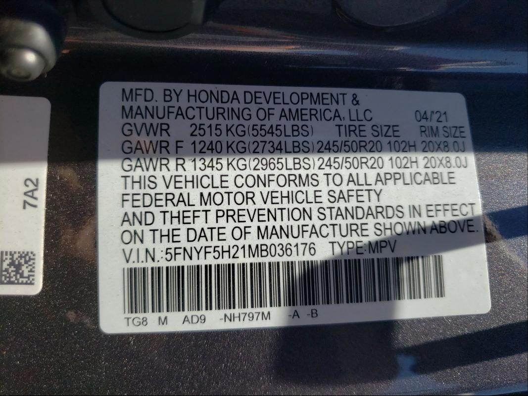 2021 HONDA PILOT 5FNYF5H21MB036176