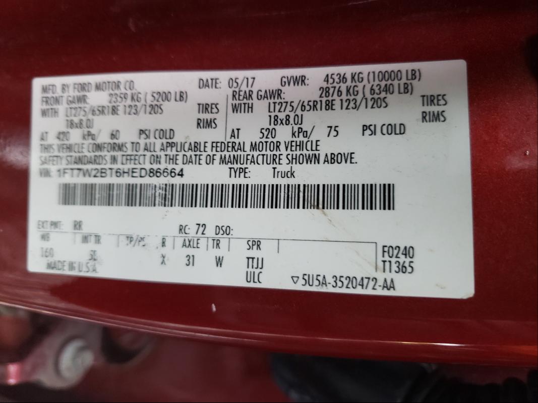 2017 FORD F250 1FT7W2BT6HED86664