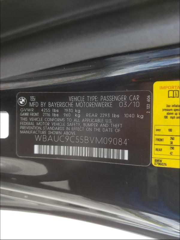 2011 BMW 135 I WBAUC9C55BVM09084