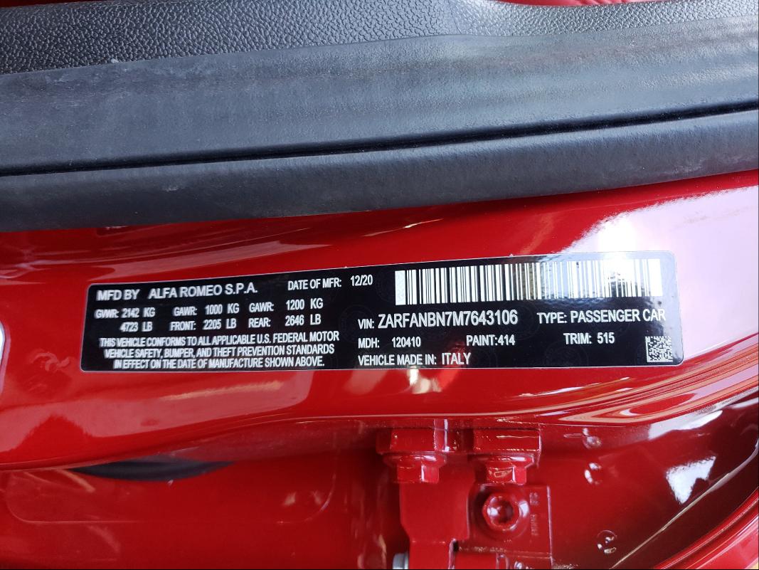 2021 ALFA ROMEO GIULIA TI ZARFANBN7M7643106