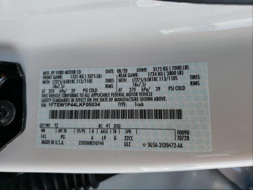2020 FORD F150 POLIC 1FTEW1P44LKF05034