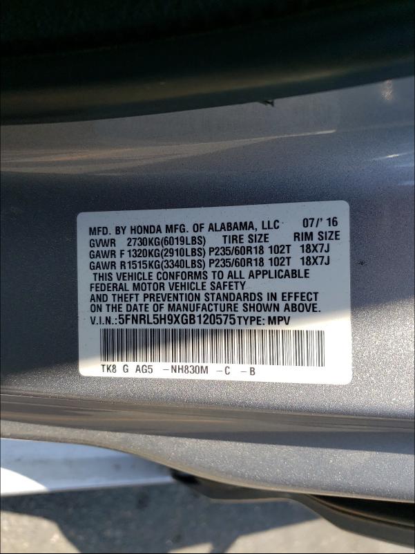 2016 HONDA ODYSSEY TO 5FNRL5H9XGB120575