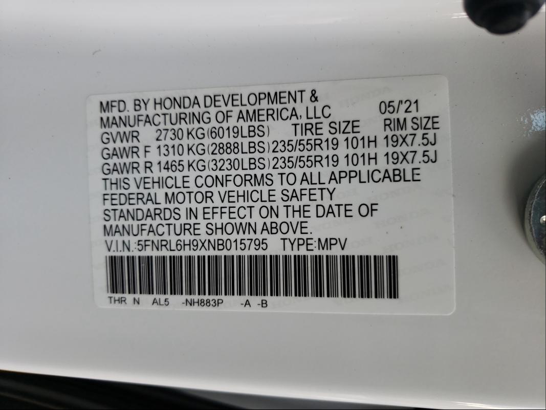 2022 HONDA ODYSSEY EL 5FNRL6H9XNB015795