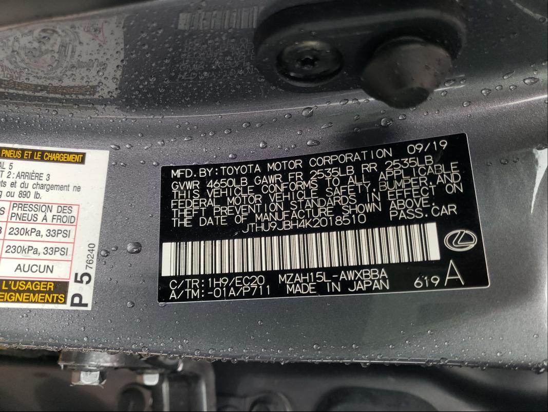 2019 LEXUS UX 250H JTHU9JBH4K2018510