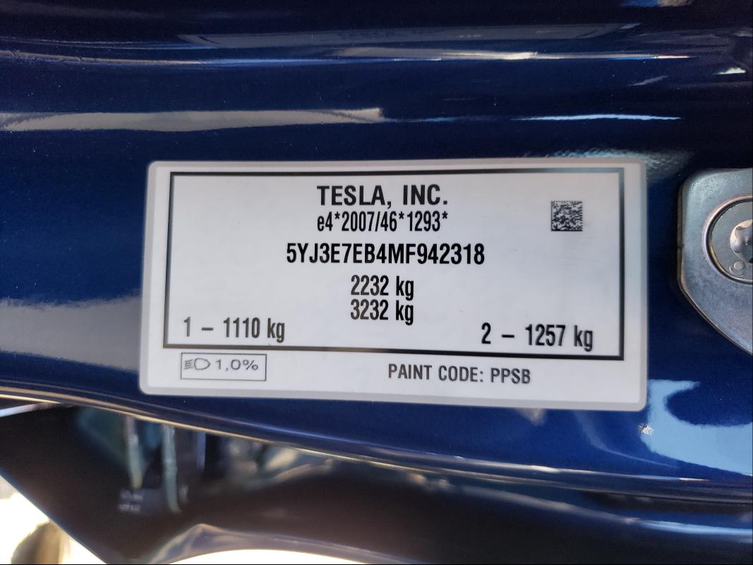 2021 TESLA MODEL 3 5YJ3E7EB4MF942318