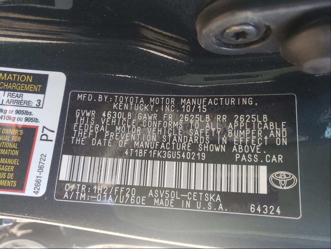 2016 TOYOTA CAMRY LE 4T1BF1FK3GU540219