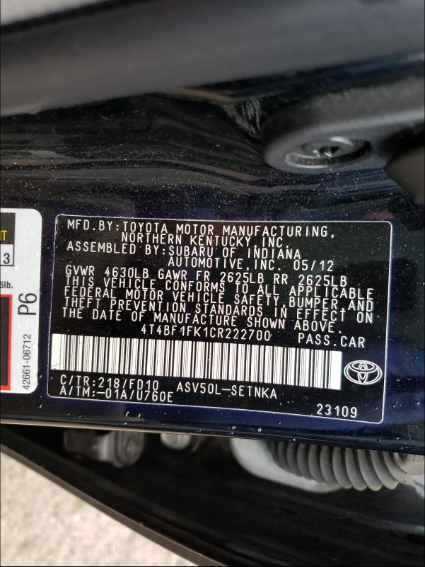 2012 TOYOTA CAMRY BASE 4T4BF1FK1CR222700