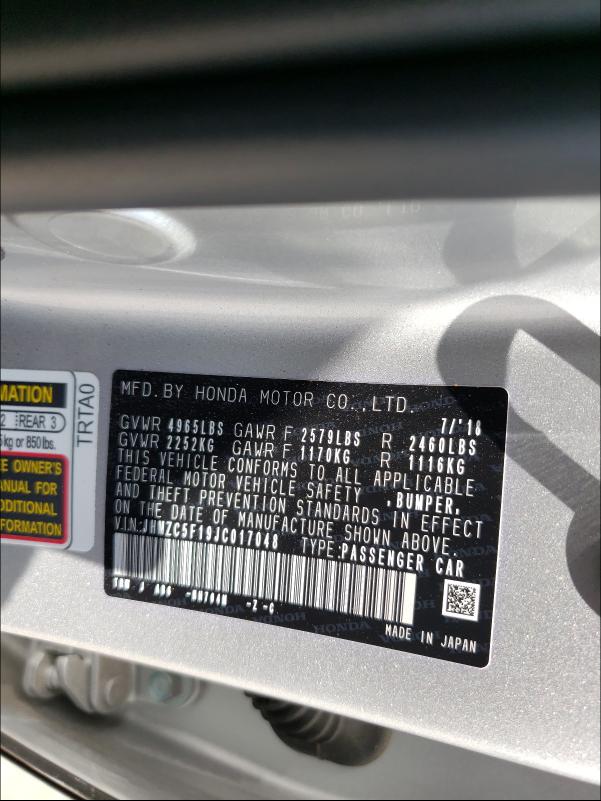 2018 HONDA CLARITY JHMZC5F19JC017048
