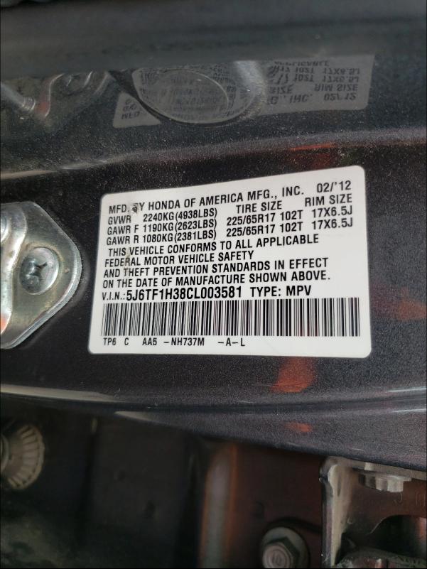 2012 HONDA CROSSTOUR 5J6TF1H38CL003581