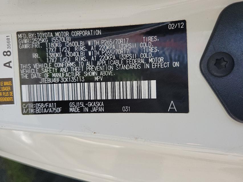 2012 TOYOTA FJ CRUISER JTEBU4BF3CK135113