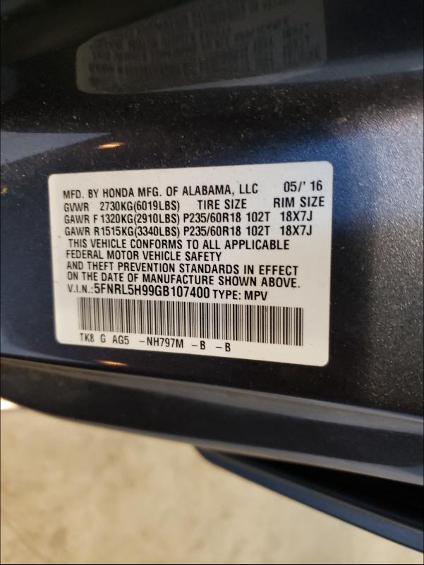 2016 HONDA ODYSSEY TO 5FNRL5H99GB107400