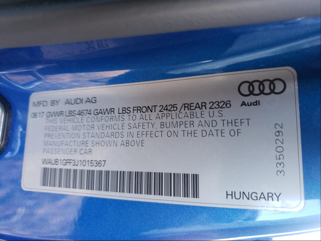 2018 AUDI S3 PREMIUM WAUB1GFF3J1015367