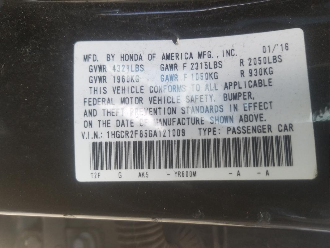1HGCR2F85GA121009 HONDA ACCORD 2016
