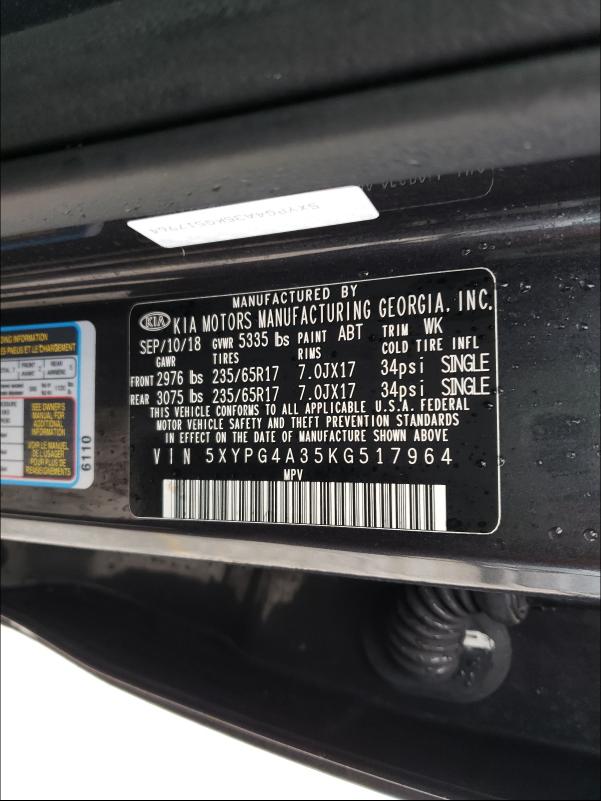 2019 KIA SORENTO 5XYPG4A35KG517964