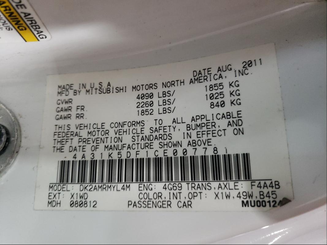 2012 MITSUBISHI ECLIPSE GS 4A31K5DF1CE007781