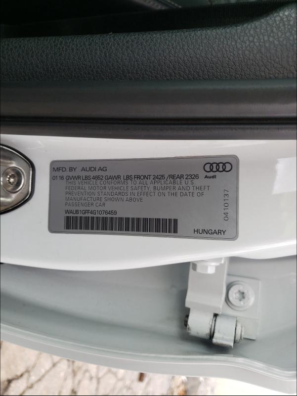 2016 AUDI S3 PREMIUM WAUB1GFF4G1076459