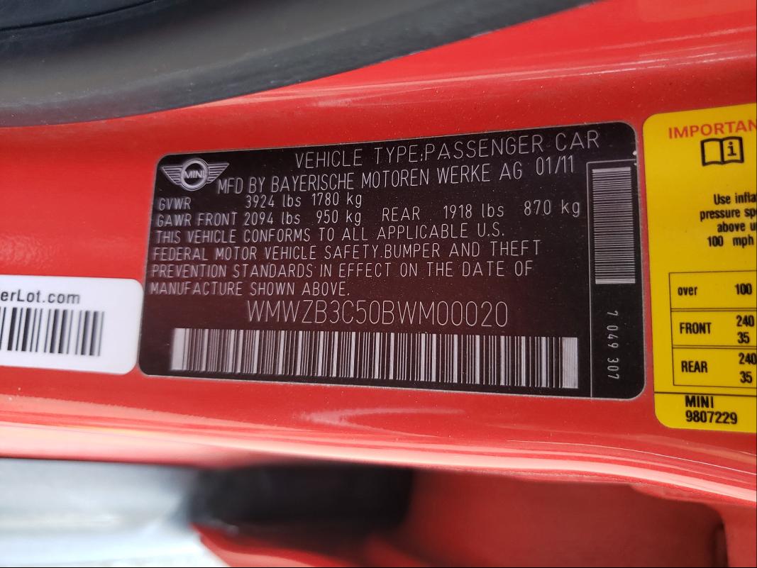2011 MINI COOPER COU WMWZB3C50BWM00020