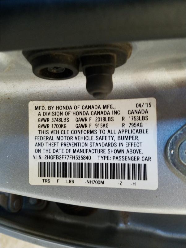 2015 HONDA CIVIC SE 2HGFB2F77FH535840