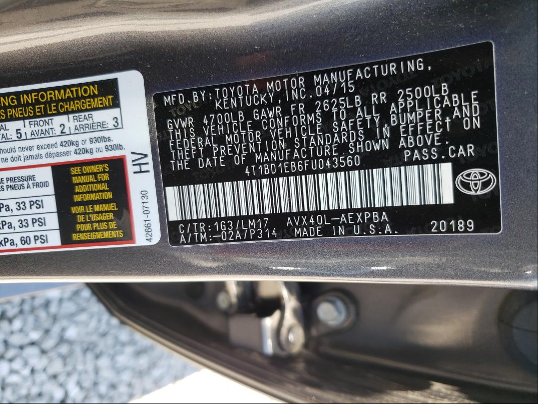 2015 TOYOTA AVALON HYB 4T1BD1EB6FU043560
