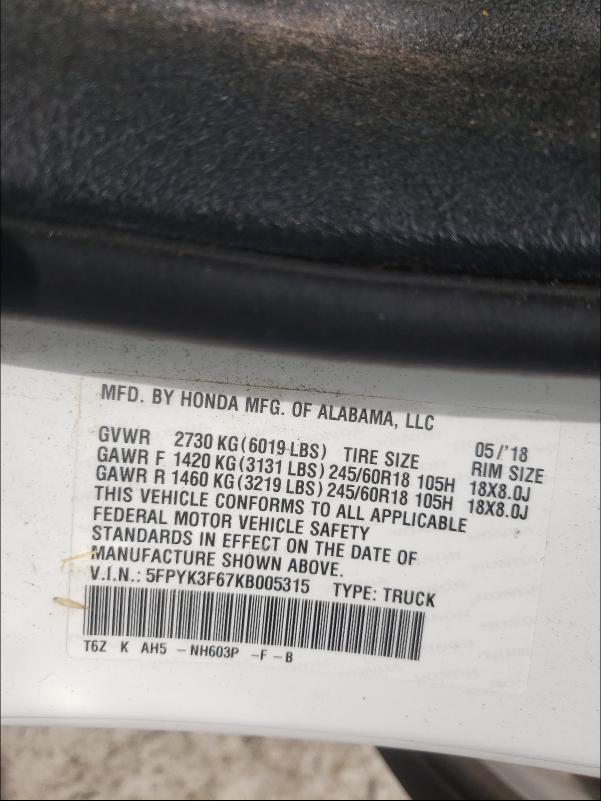 2019 HONDA RIDGELINE 5FPYK3F67KB005315