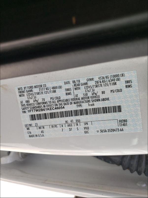 2019 FORD F 250 1FT7W2B61KEC46054