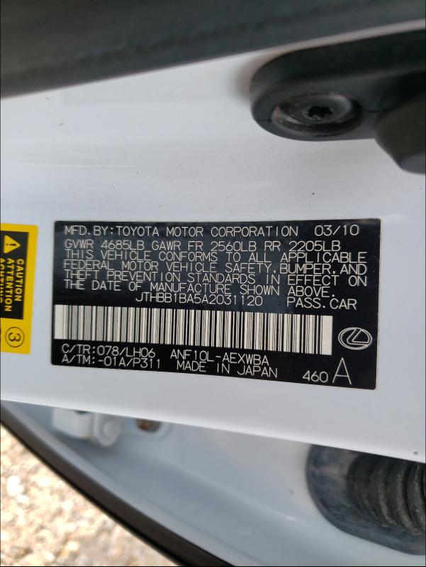 2010 LEXUS HS 250H JTHBB1BA5A2031120
