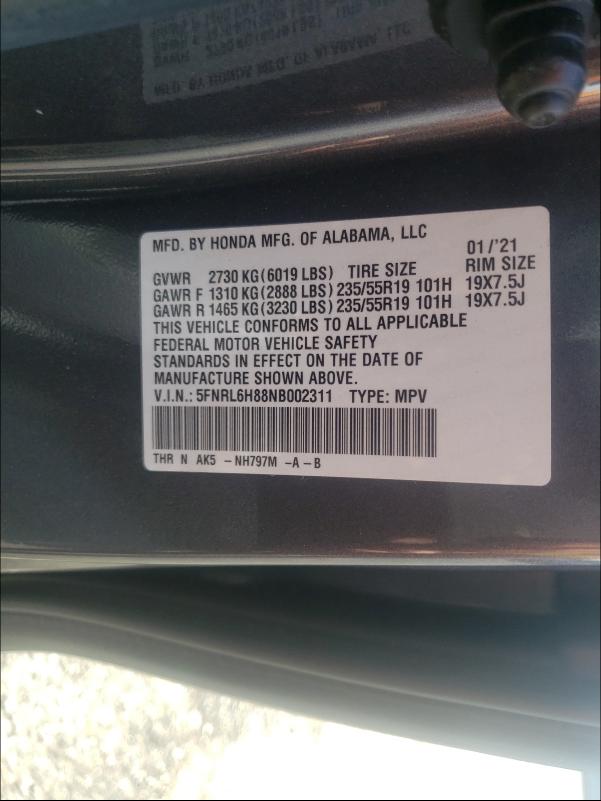 2022 HONDA ODYSSEY TO 5FNRL6H88NB002311