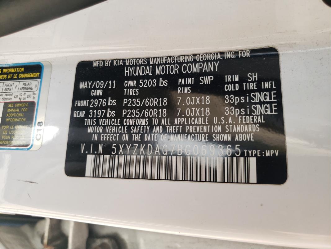 2011 HYUNDAI SANTA FE 5XYZKDAG7BG069365