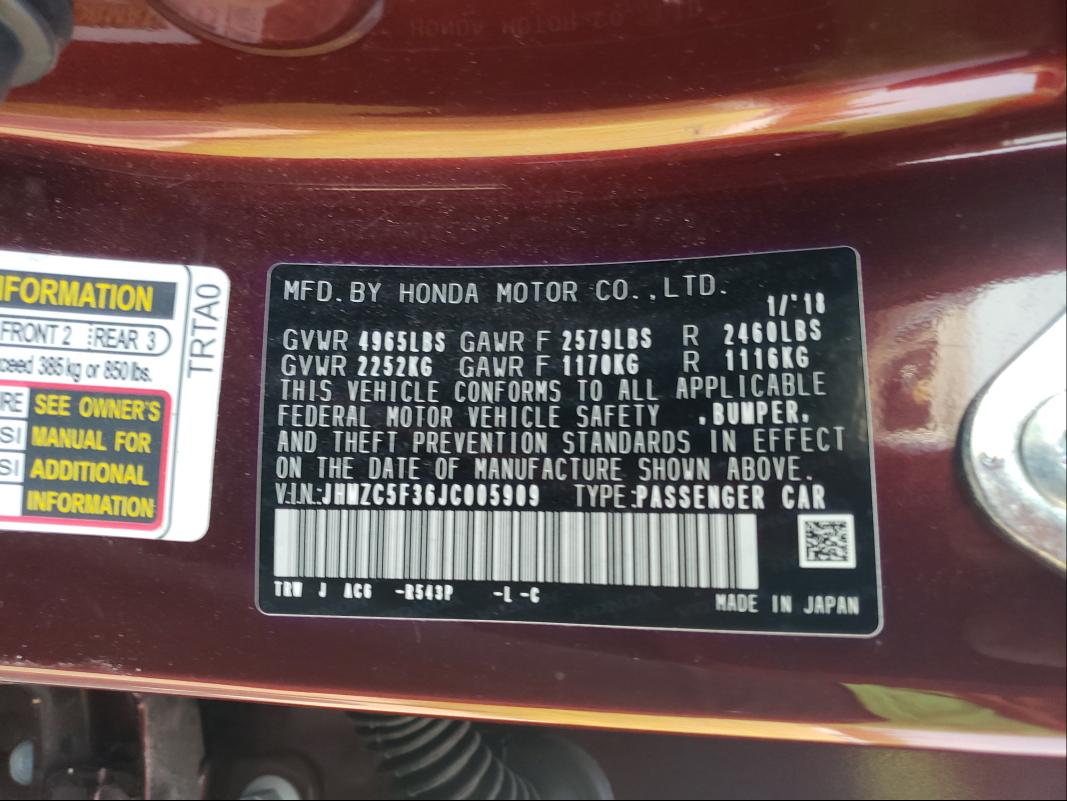 2018 HONDA CLARITY TO JHMZC5F36JC005909