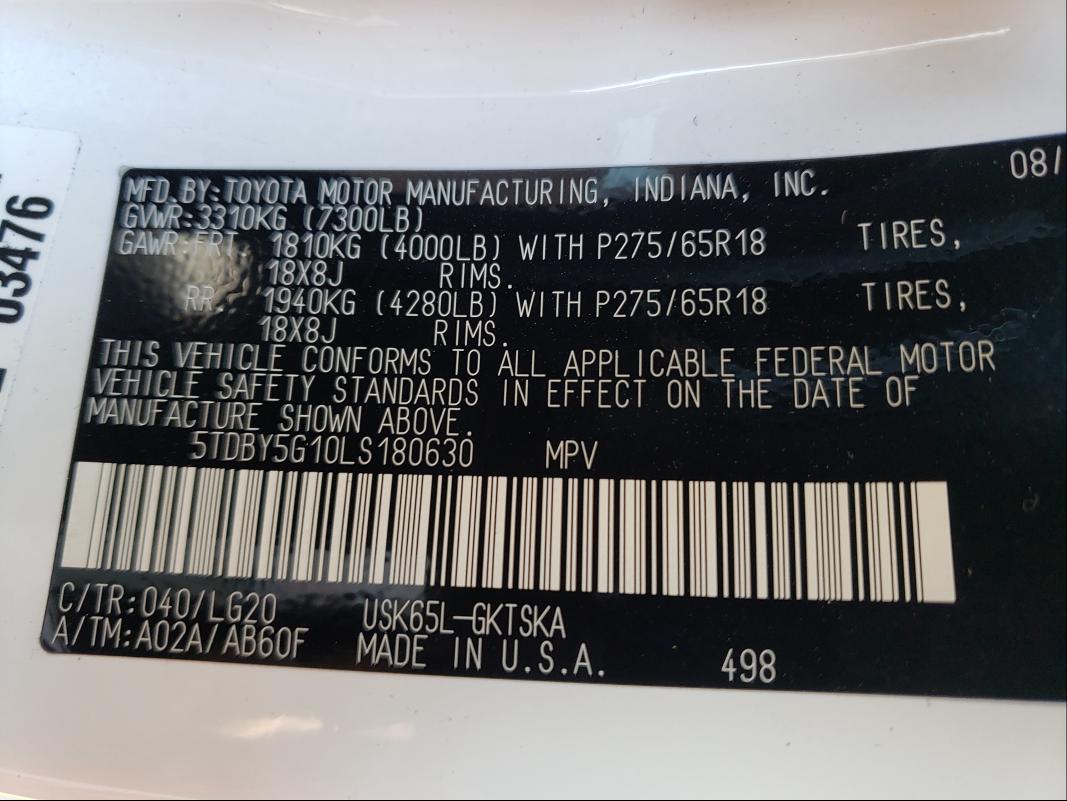 2020 TOYOTA SEQUOIA SR 5TDBY5G10LS180630