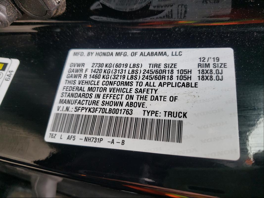 2020 HONDA RIDGELINE 5FPYK3F70LB001763