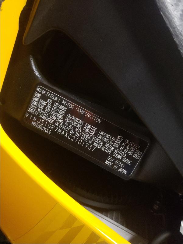 2012 SUZUKI GSX750 JS1GR7MAXC2101937