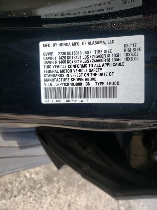 2018 HONDA RIDGELINE 5FPYK3F19JB001138