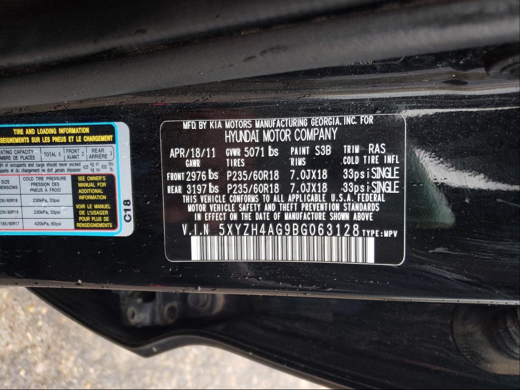 2011 HYUNDAI SANTA FE 5XYZH4AG9BG063128