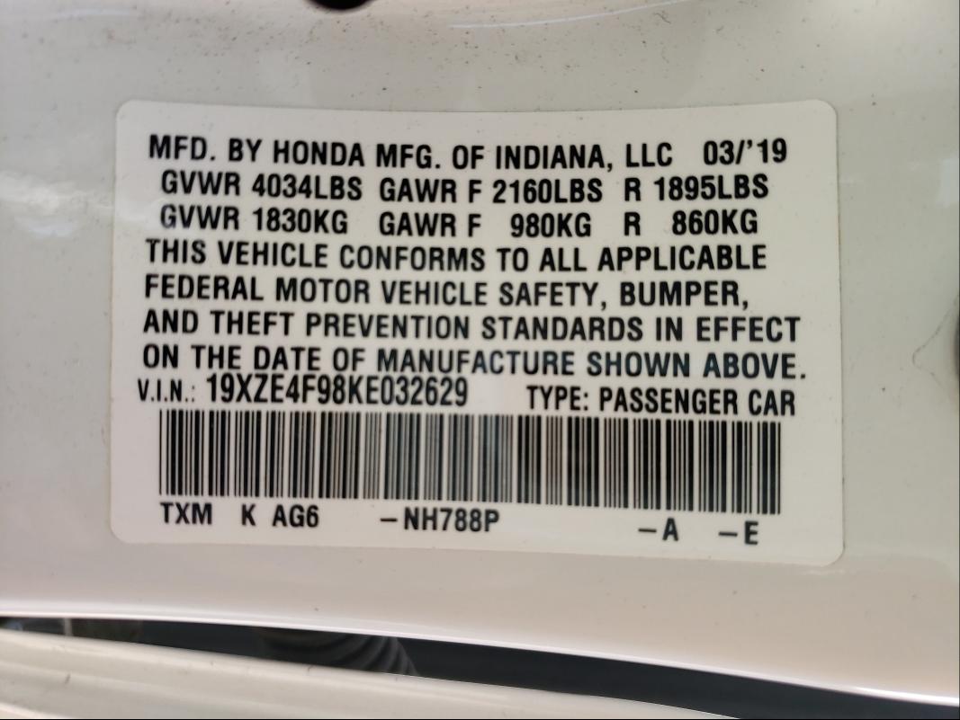2019 HONDA INSIGHT TO 19XZE4F98KE032629