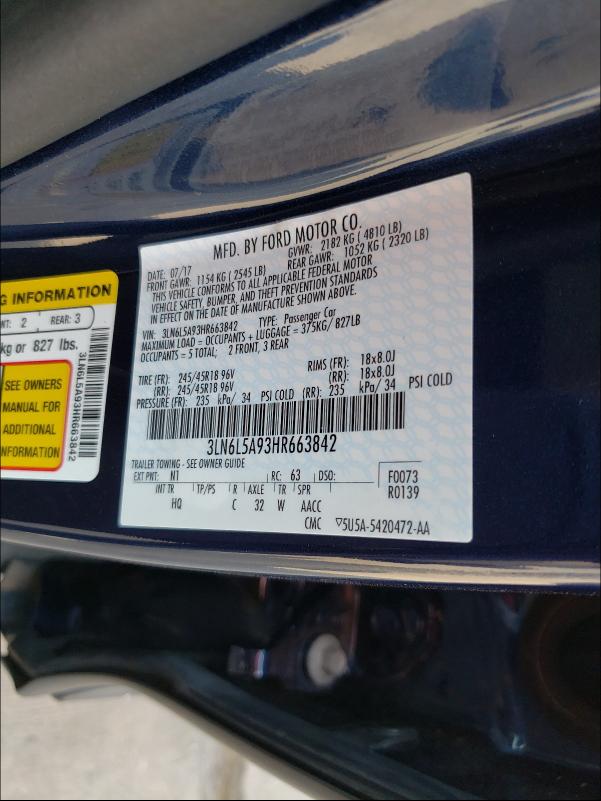 2017 LINCOLN MKZ PREMIE 3LN6L5A93HR663842