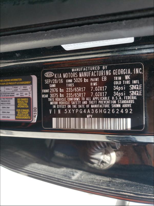 2017 KIA SORENTO 5XYPG4A36HG262492