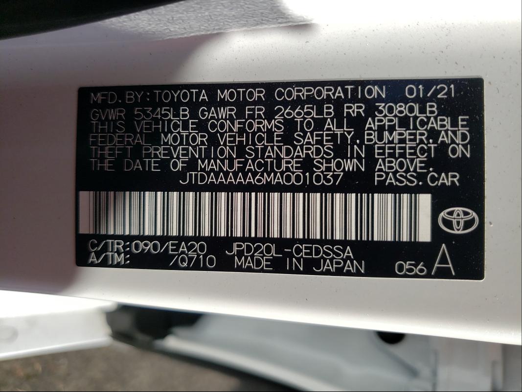 2021 TOYOTA MIRAI JTDAAAAA6MA001037