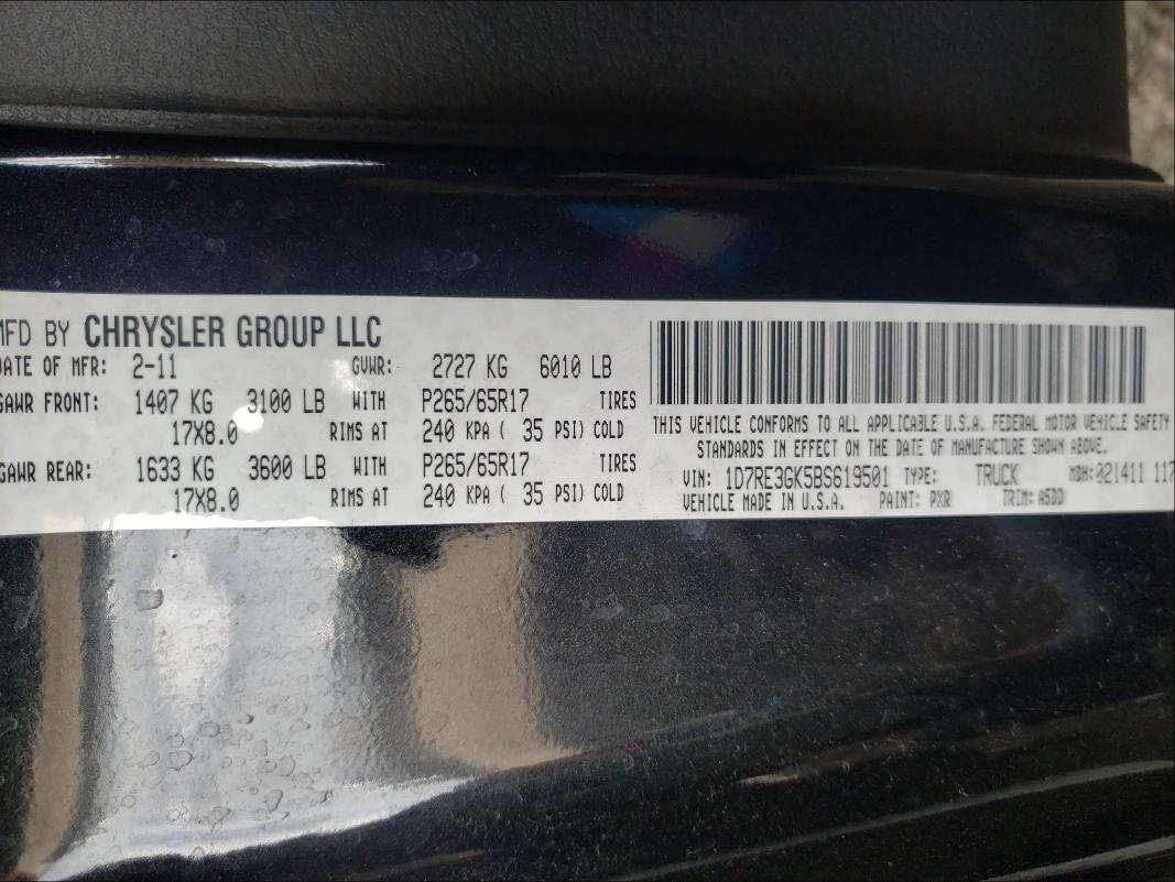 2011 DODGE DAKOTA SLT 1D7RE3GK5BS619501