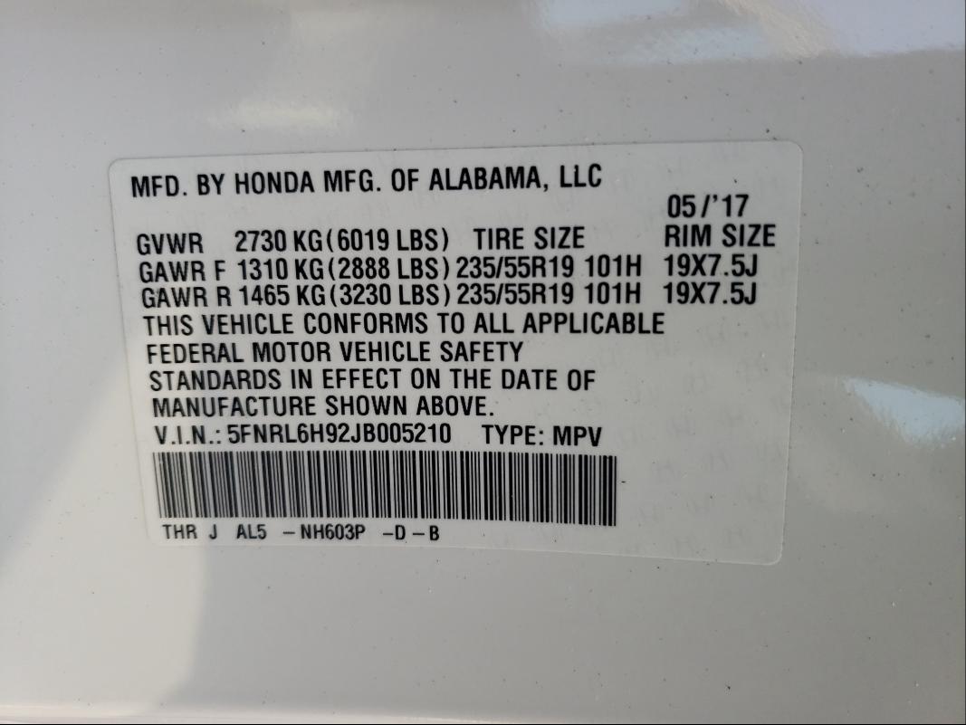 2018 HONDA ODYSSEY EL 5FNRL6H92JB005210