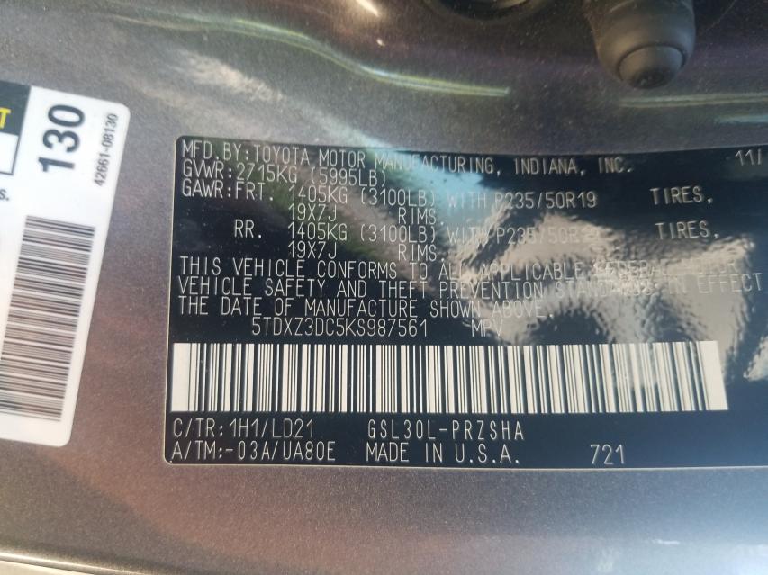 2019 TOYOTA SIENNA SE 5TDXZ3DC5KS987561