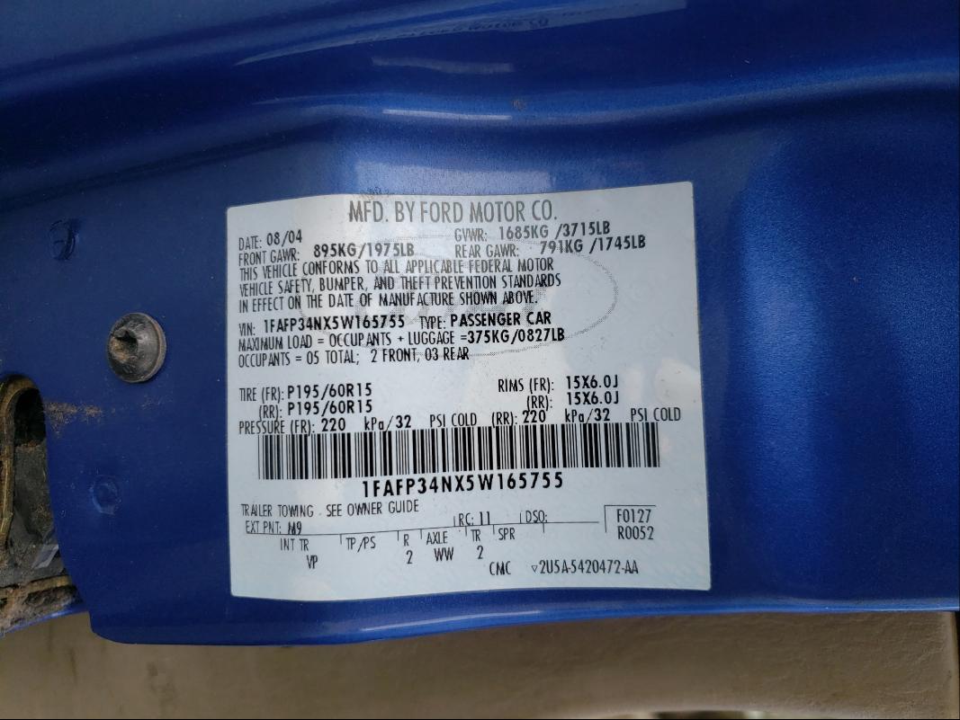 2005 FORD FOCUS ZX4 1FAFP34NX5W165755