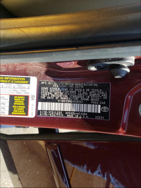 2014 TOYOTA AVALON HYB 4T1BD1EBXEU028347