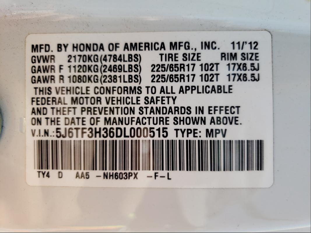 2013 HONDA CROSSTOUR 5J6TF3H36DL000515