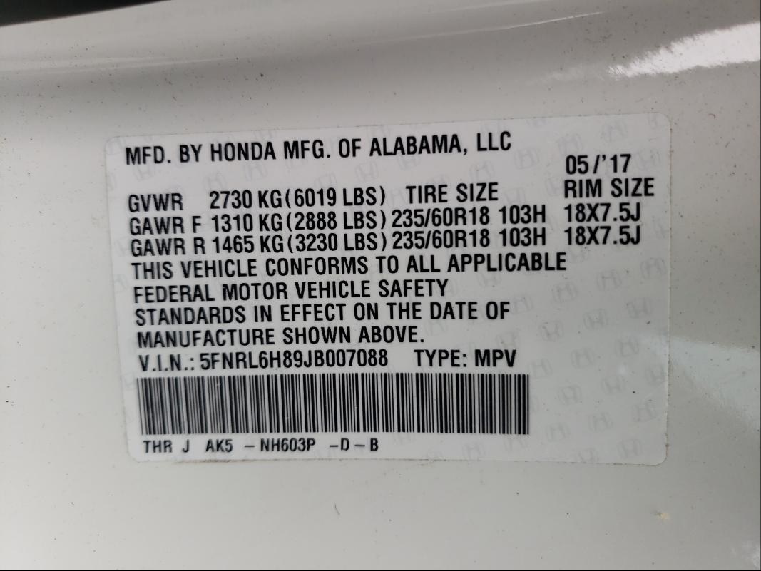 2018 HONDA ODYSSEY TO 5FNRL6H89JB007088